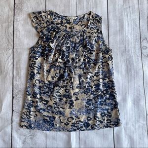 Cabi # 628 Silk Cream & Blue Ruffle Tank Size XS